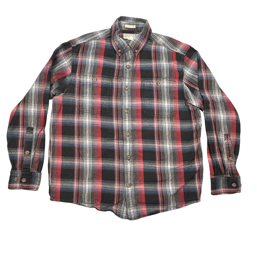 Duluth Trading Co Red Black Plaid Untucked Flannel Button Down Shirt Mens Size M